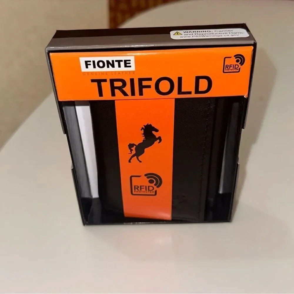 FIONTE RFID Protected Black Genuine Leather Trifold Men’s Wallet